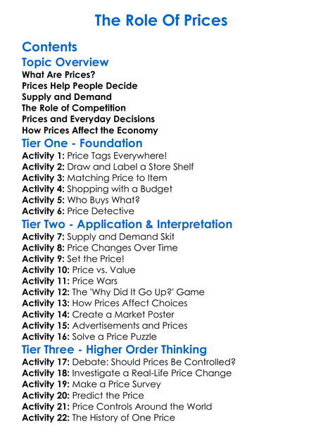 The Role Of Prices Worksheet Activity Booklet