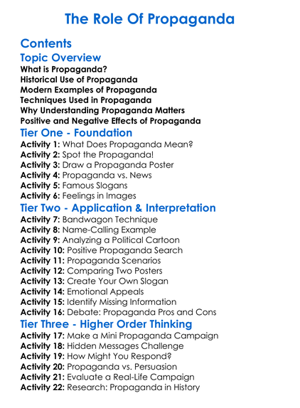 The Role Of Propaganda Worksheet Activity Booklet