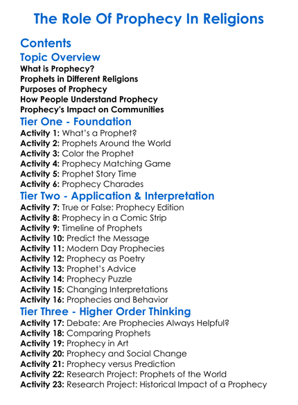 The Role Of Prophecy In Religions Worksheet Activity Booklet