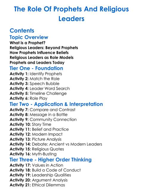 The Role Of Prophets And Religious Leaders Worksheet Activity Booklet