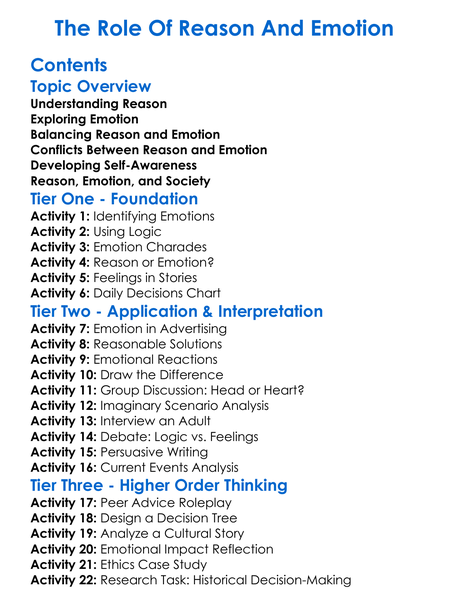 The Role Of Reason And Emotion Worksheet Activity Booklet