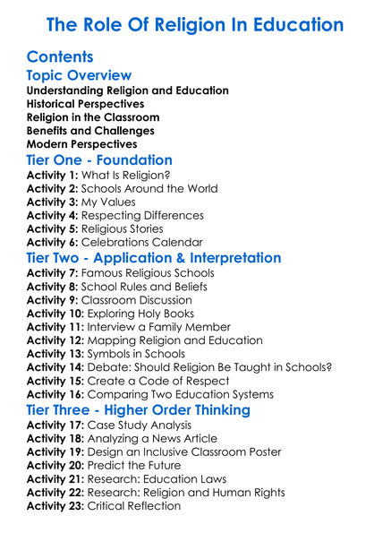 The Role Of Religion In Education Worksheet Activity Booklet
