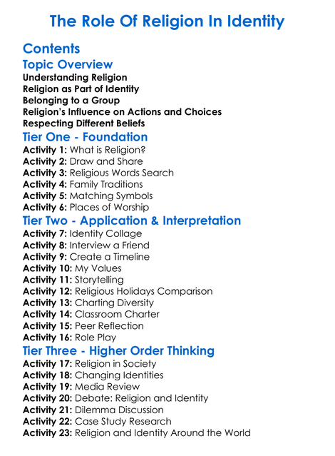 The Role Of Religion In Identity Worksheet Activity Booklet