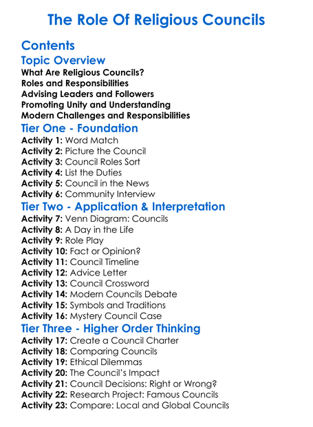 The Role Of Religious Councils Worksheet Activity Booklet