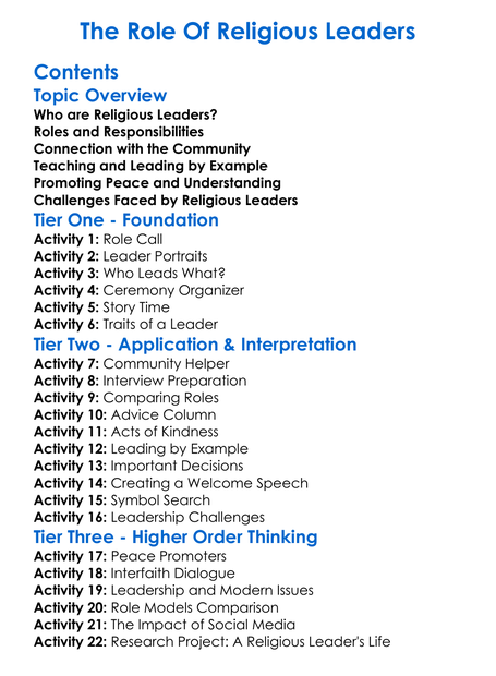 The Role Of Religious Leaders Worksheet Activity Booklet