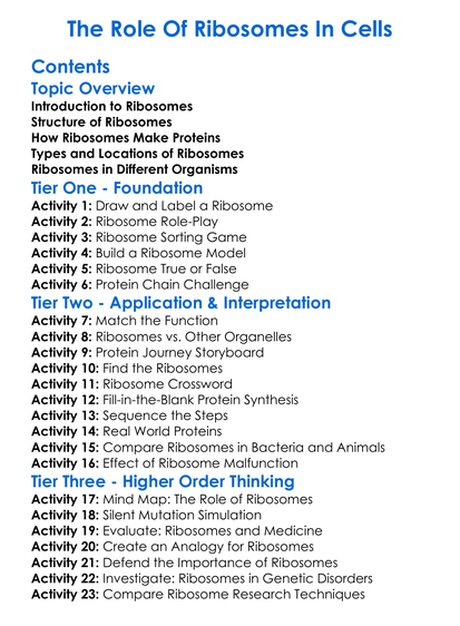 The Role Of Ribosomes In Cells Worksheet Activity Booklet