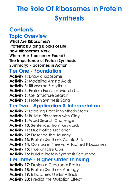 The Role Of Ribosomes In Protein Synthesis Worksheet Activity Booklet