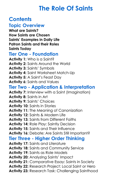 The Role Of Saints Worksheet Activity Booklet