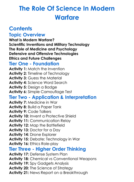The Role Of Science In Modern Warfare Worksheet Activity Booklet