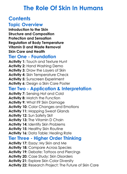 The Role Of Skin In Humans Worksheet Activity Booklet