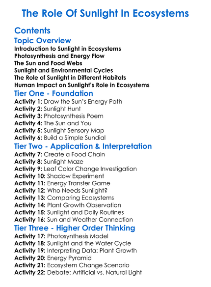 The Role Of Sunlight In Ecosystems Worksheet Activity Booklet