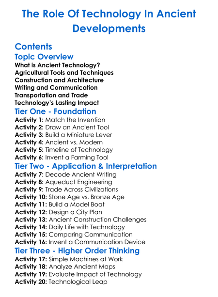 The Role Of Technology In Ancient Developments Worksheet Activity Booklet