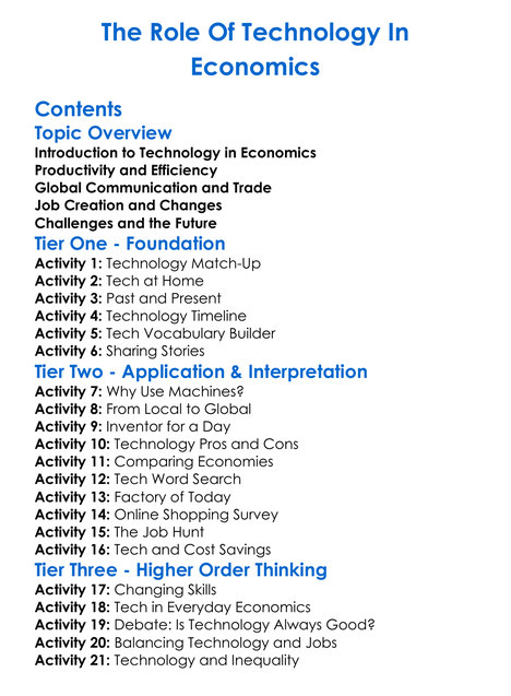 The Role Of Technology In Economics Worksheet Activity Booklet
