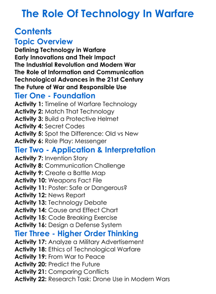The Role Of Technology In Warfare Worksheet Activity Booklet