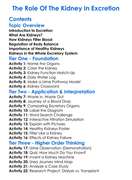 The Role Of The Kidney In Excretion Worksheet Activity Booklet