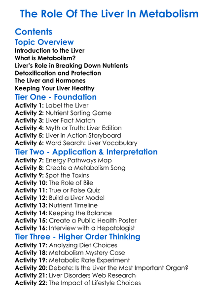 The Role Of The Liver In Metabolism Worksheet Activity Booklet