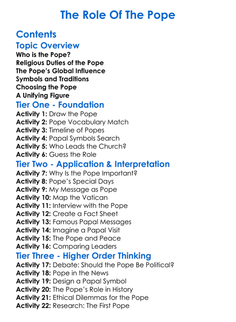 The Role Of The Pope Worksheet Activity Booklet