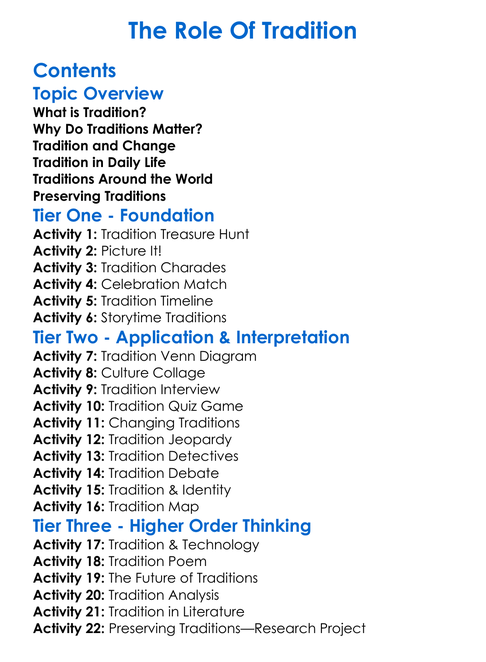 The Role Of Tradition Worksheet Activity Booklet