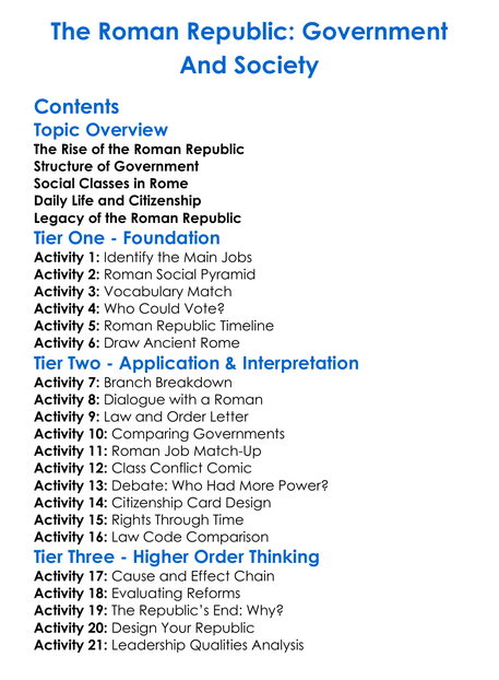 The Roman Republic Government And Society Worksheet Activity Booklet