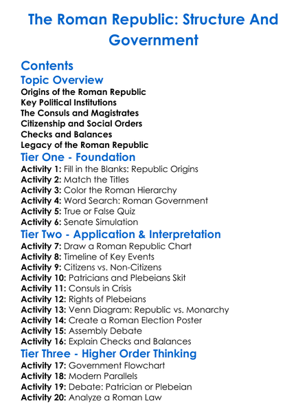 The Roman Republic Structure And Government Worksheet Activity Booklet