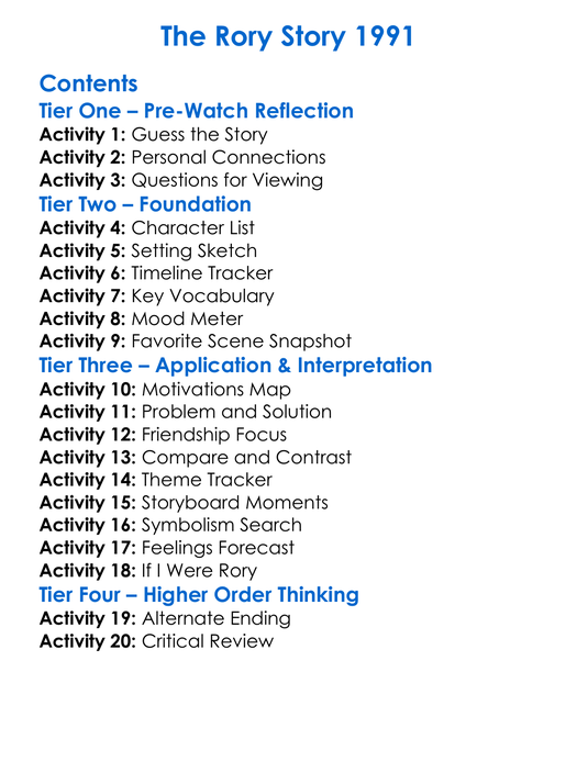 The Rory Story 1991 Worksheet Activity Booklet