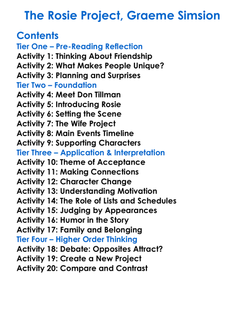 The Rosie Project Graeme Simsion Worksheet Activity Booklet