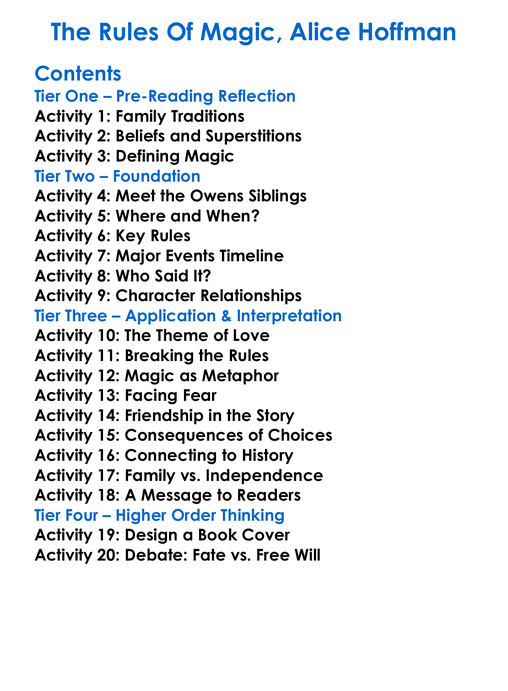 The Rules Of Magic Alice Hoffman Worksheet Activity Booklet