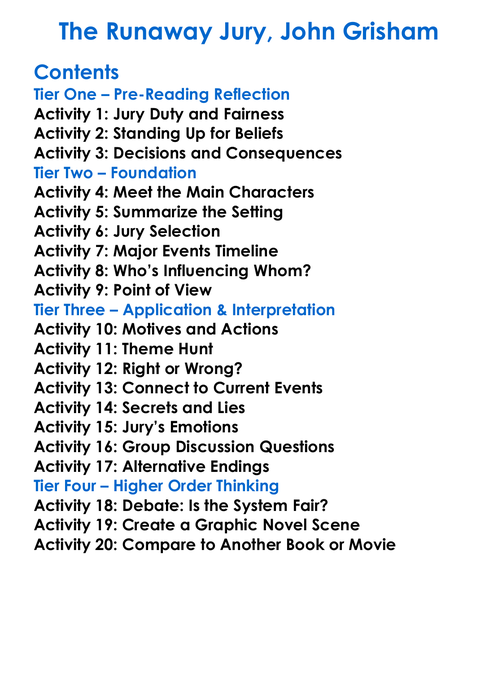 The Runaway Jury John Grisham Worksheet Activity Booklet