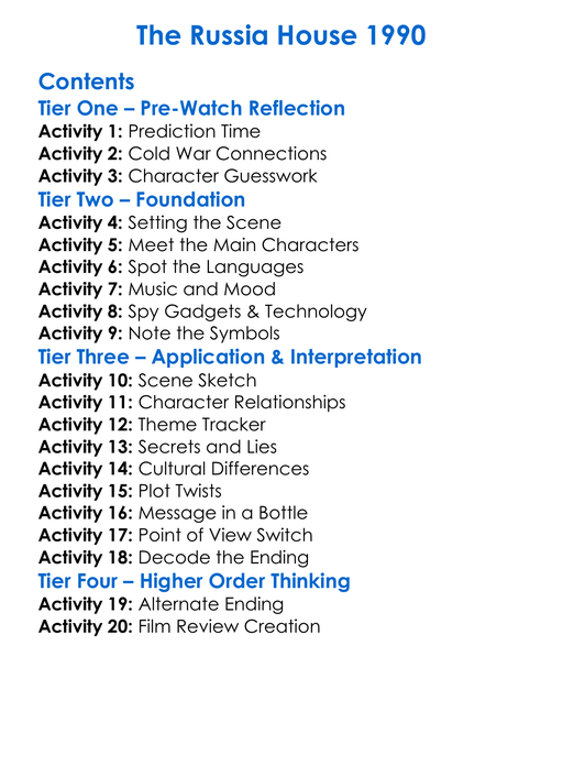 The Russia House 1990 Worksheet Activity Booklet