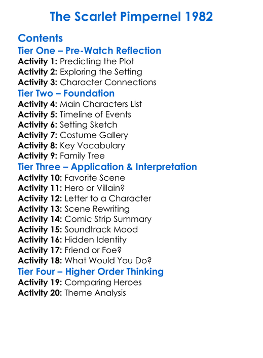 The Scarlet Pimpernel 1982 Worksheet Activity Booklet