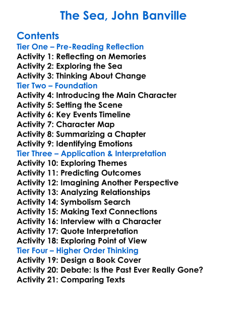 The Sea John Banville Worksheet Activity Booklet