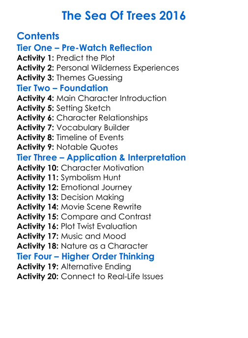 The Sea Of Trees 2016 Worksheet Activity Booklet