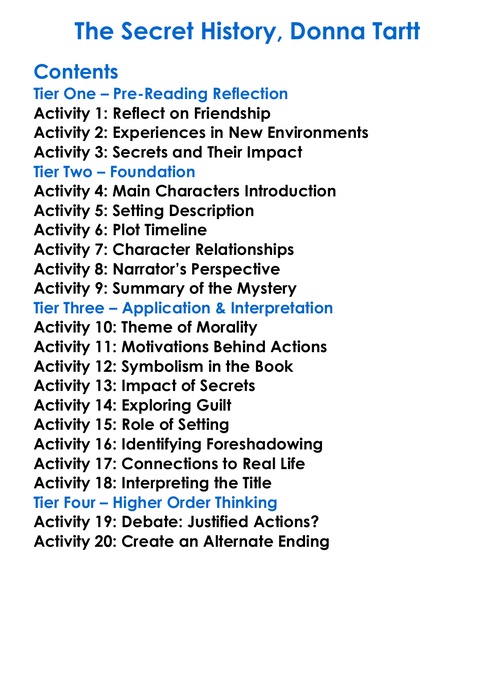 The Secret History Donna Tartt Worksheet Activity Booklet