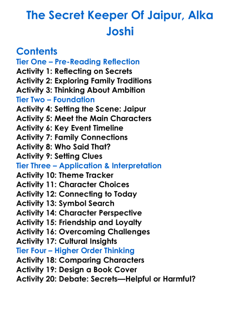 The Secret Keeper Of Jaipur Alka Joshi Worksheet Activity Booklet