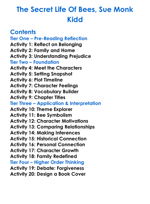 The Secret Life Of Bees Sue Monk Kidd Worksheet Activity Booklet