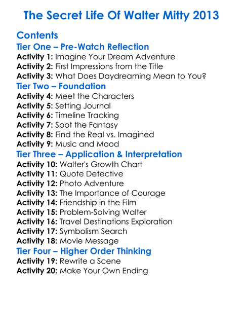 The Secret Life Of Walter Mitty 2013 Worksheet Activity Booklet