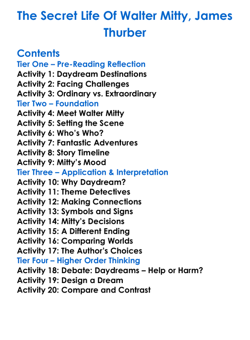 The Secret Life Of Walter Mitty James Thurber Worksheet Activity Booklet