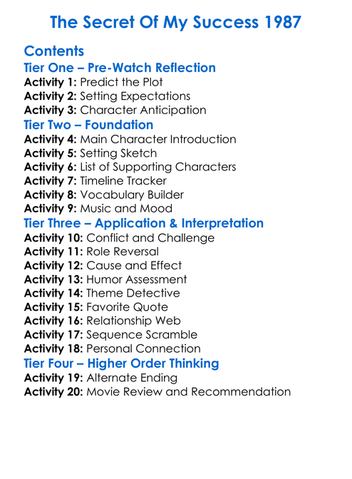 The Secret Of My Success 1987 Worksheet Activity Booklet