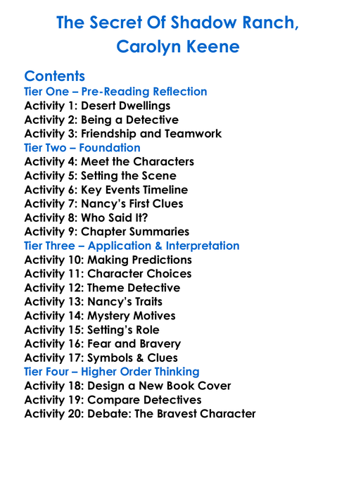 The Secret Of Shadow Ranch Carolyn Keene Worksheet Activity Booklet