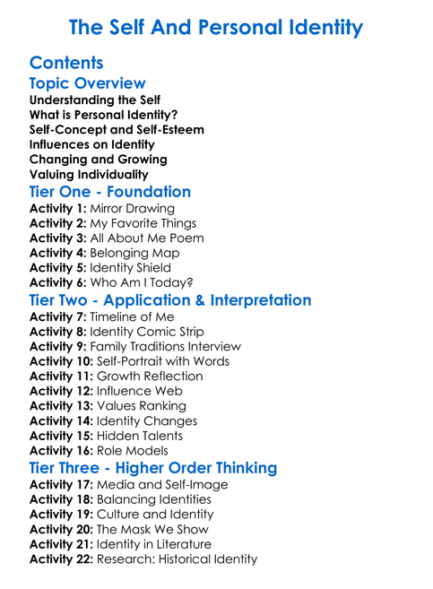 The Self And Personal Identity Worksheet Activity Booklet