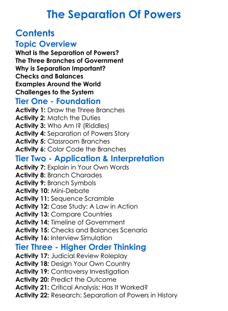 The Separation Of Powers Worksheet Activity Booklet