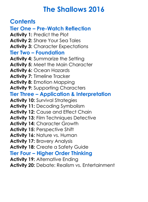 The Shallows 2016 Worksheet Activity Booklet