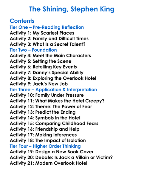The Shining Stephen King Worksheet Activity Booklet