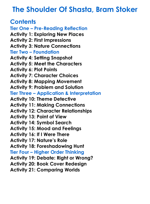 The Shoulder Of Shasta Bram Stoker Worksheet Activity Booklet