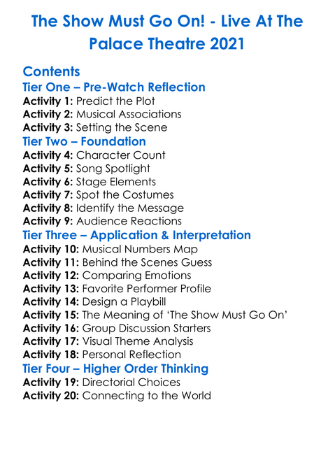 The Show Must Go On Worksheet Activity Booklet