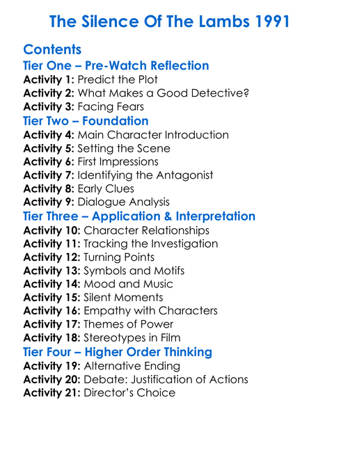 The Silence Of The Lambs 1991 Worksheet Activity Booklet