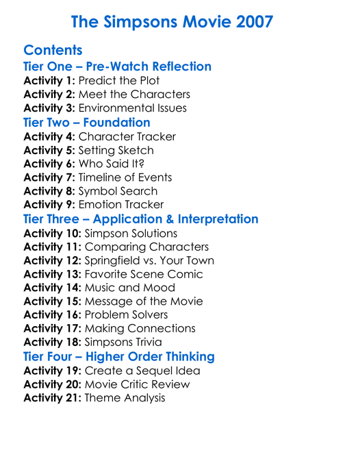 The Simpsons Movie 2007 Worksheet Activity Booklet
