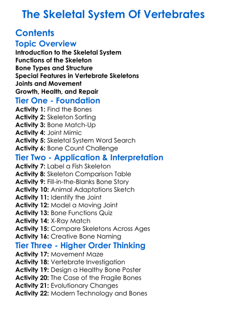 The Skeletal System Of Vertebrates Worksheet Activity Booklet