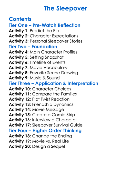 The Sleepover Worksheet Activity Booklet