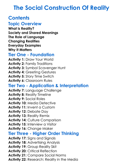 The Social Construction Of Reality Worksheet Activity Booklet